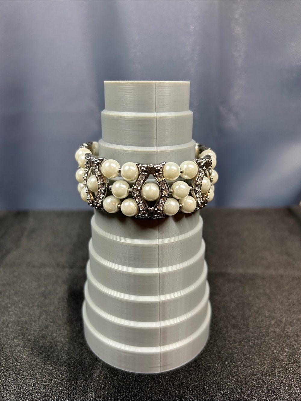 Vintage Style Faux Pearl & Rhinestone Open Cuff Bracelet Silver Tone Bridal Prom